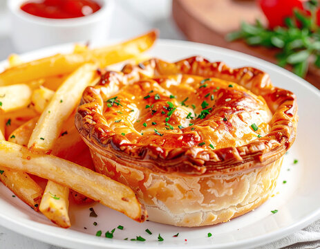 Mini meat pie with French fries, white plate, closeup. AI