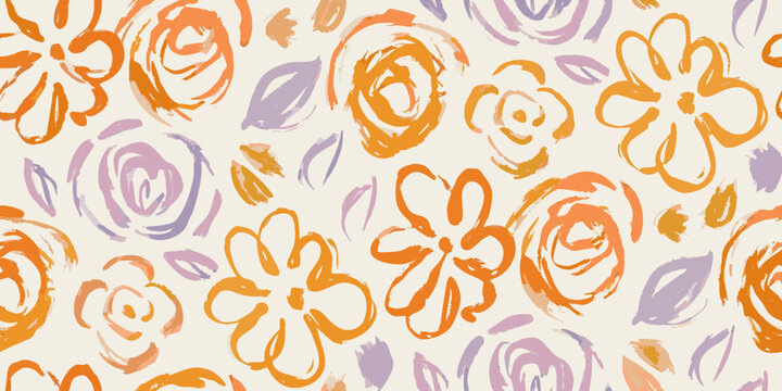 loose paint floral pattern on cream background orange purple petals blooms artistic
