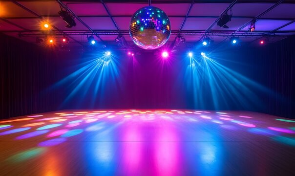 Disco ball suspended above wooden dance floor with vibrant spotlights reflecting.