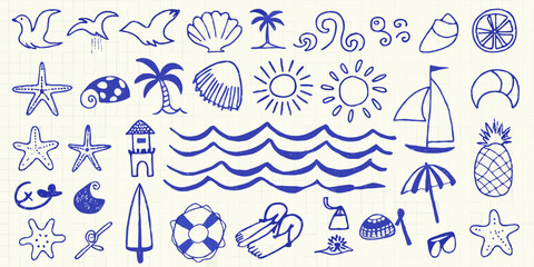 Obraz premium beach and ocean doodles in blue line art seashell palm tree sun