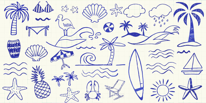 beach and ocean themed doodle illustrations on graph paper palm tree surfboard