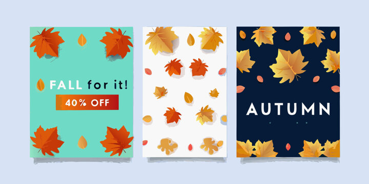 autumn themed promotional posters with colorful leaves fall seasonal marketing sale discount