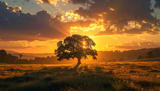 Lone tree in field at golden sunset