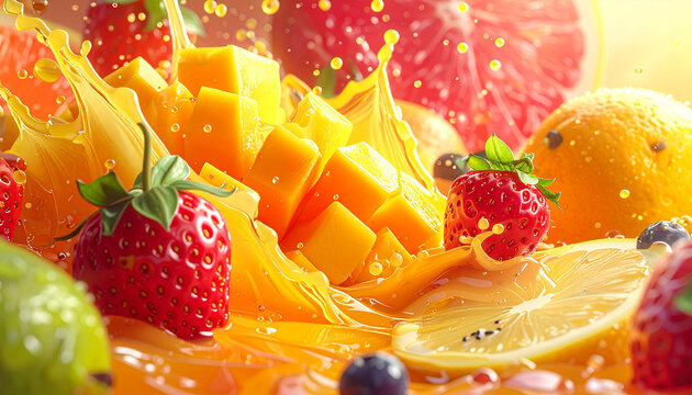 Campuran buah segar dengan percikan jus (tampilan close-up)