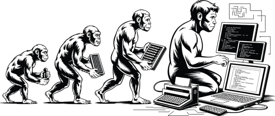 Evolution of technology, human progress, digital age, monkey to man, computer user © KABIR678
