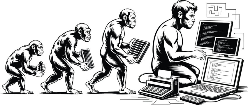 Evolution of technology, human progress, digital age, monkey to man, computer user