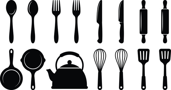 Black and white of various hand tools and utensils hammer