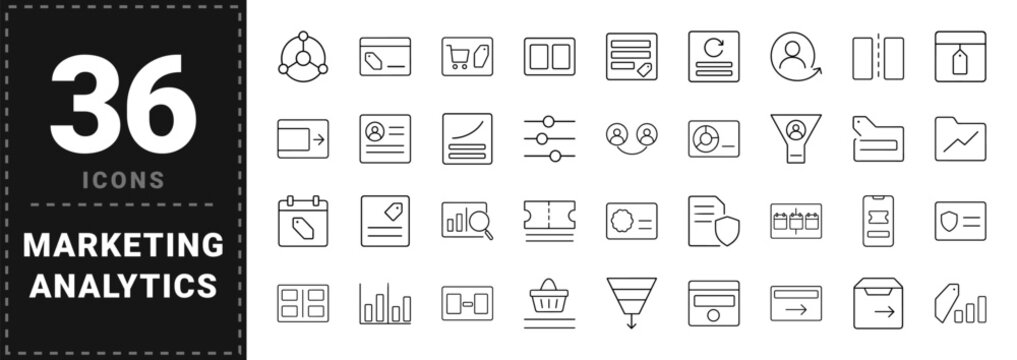 Marketing campaign planning line icon set. Vector pictograms of offer planning, pricing strategy, audience targeting, and conversion analytics elements, thin linear illustration.