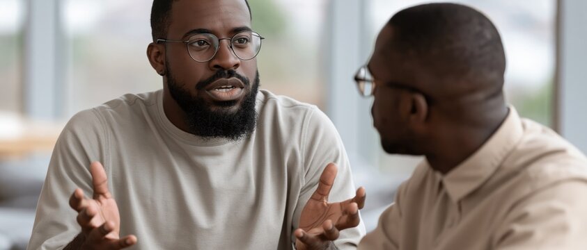 Two men deeply engaged in a meaningful discussion, highlighting the importance of communication and connection in personal and professional relationships.