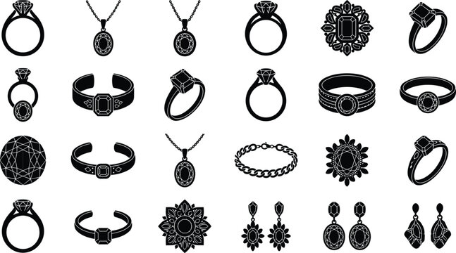 Black and white of various jewelry and accessories necklace earrings des