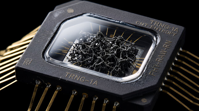 Quantum random number generator chip features intricate gold wiring and a complex core structure designed to enhance cryptographic security protocols in high-end enterprise computing hardware systems.