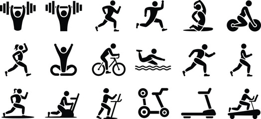 Fototapeta premium Fitness icons, workout symbols, exercise signs, 20 black pictograms, vector graphics