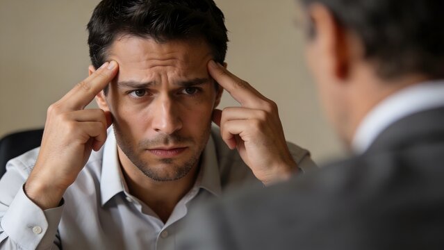 A serious businessman touching his temples while listening intently during a stressful corporate meeting or job interview with a manager, reflecting focused thinking and anxiety.