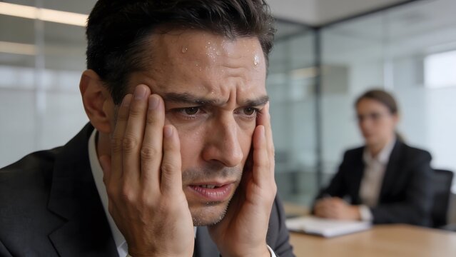 A sweating businessman touching his temples in panic and stress during a difficult performance review meeting with a blurred female manager at a modern corporate office desk.