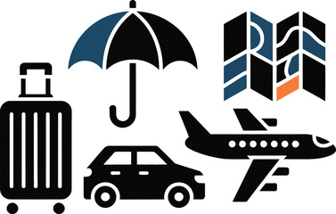 Naklejka premium Minimalist travel icons with luggage and transport vector suitcase umbrella navigation transportation vector