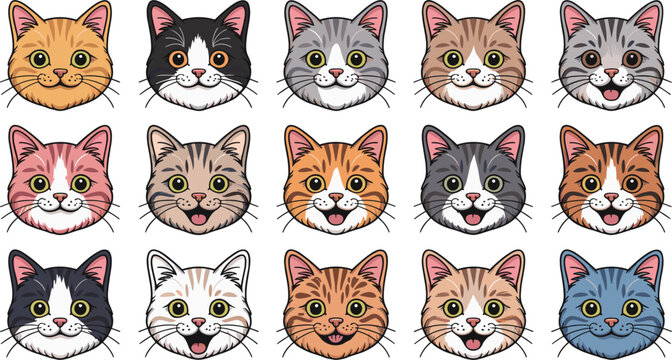Hand drawn cartoon cat head character vector set isolated on white background