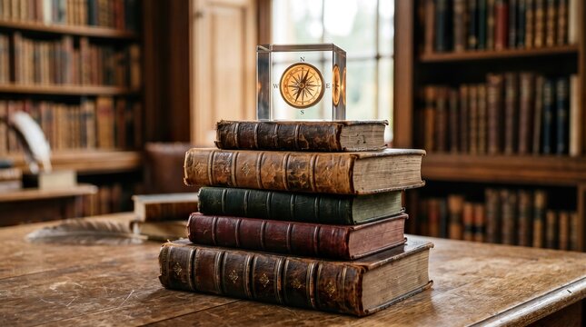 Stack of five vintage wooden books with worn covers and gold lettering