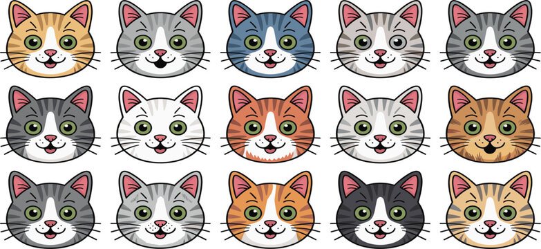Cartoon cat head character hand drawn vector illustration set isolated background