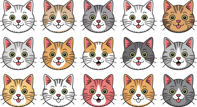 Cute cartoon cat head vector collection with hand drawn feline faces isolated on white backgroundcat, kitten, cathead, feline, cartoon, cute, pet, animal, character, face, avatar,