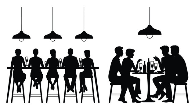 Silhouettes of people sitting at a bar and table drinking wine