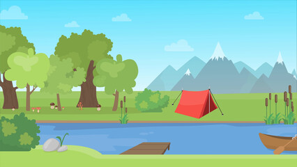 Naklejka premium Summer camping landscape with red tent by the river bank and mountain range background vector illustration