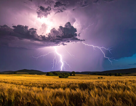 Lightning strikes over wheat field at night