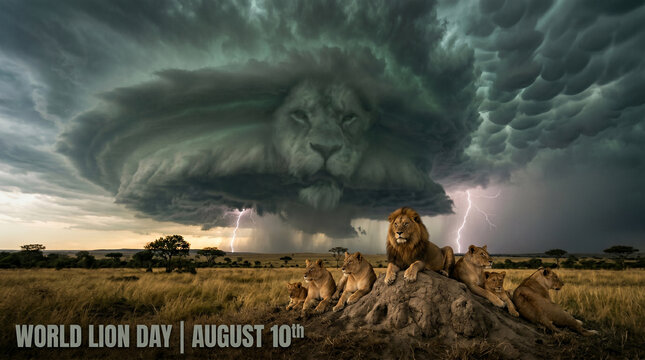 A pride of lions resting on a rocky outcrop under a stormy sky with a lions face in the clouds