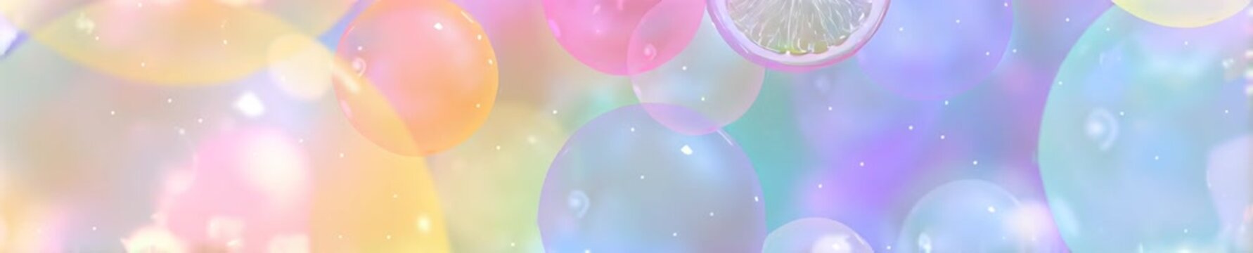 Abstract airy summer background with floating pastel bubbles and fresh citrus slices. Dreamy colorful gradient banner with glowing bokeh and sparkling water drops. Minimalist design with copy space.