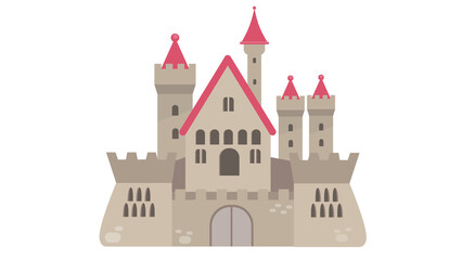 Minimalist medieval castle illustration with red roofed towers and stone walls for fairy tale kingdom concepts © brezqy