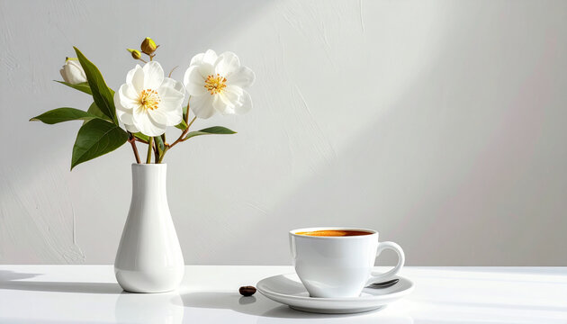 Bunga dalam vas dengan cangkir kopi di atas meja putih