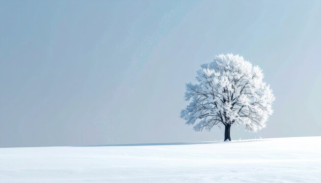 Frozen tree in winter landscape on snowy field