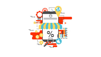 Fototapeta premium Conceptual Illustration of a Mobile E-commerce Storefront with Digital Marketing and Online Shopping Icons