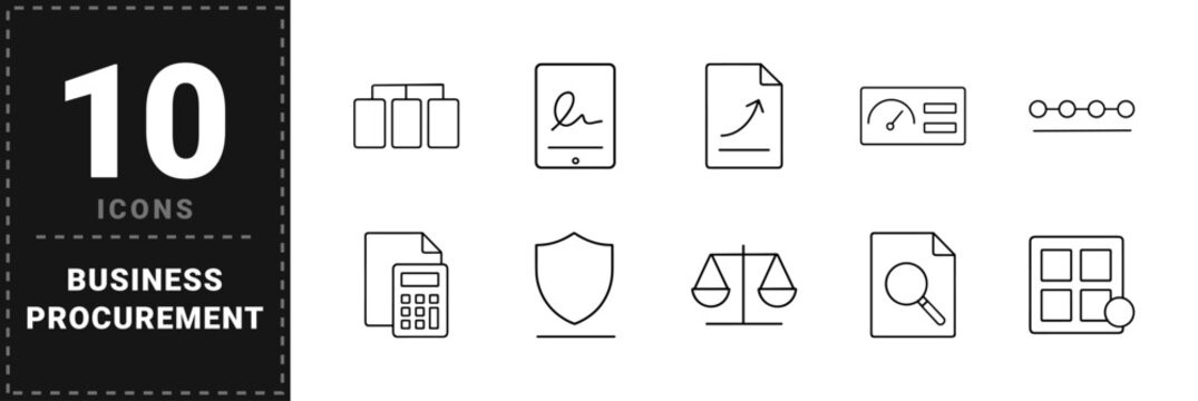 Business procurement line icon set. Vector pictograms of purchasing, budgeting, approval, and reporting elements, thin linear illustration.