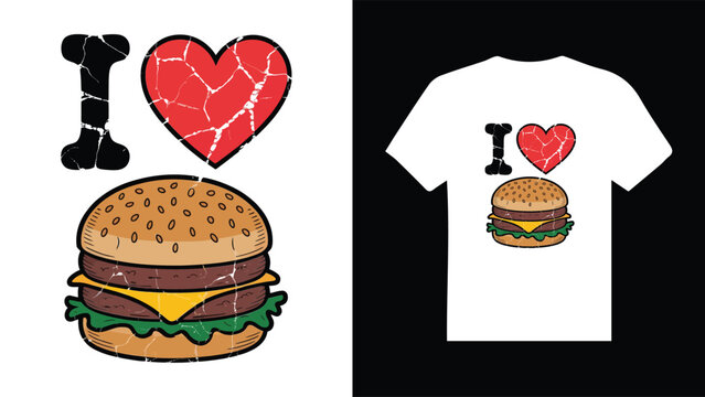 T shirt design with hamburger and heart symbol on black and white background