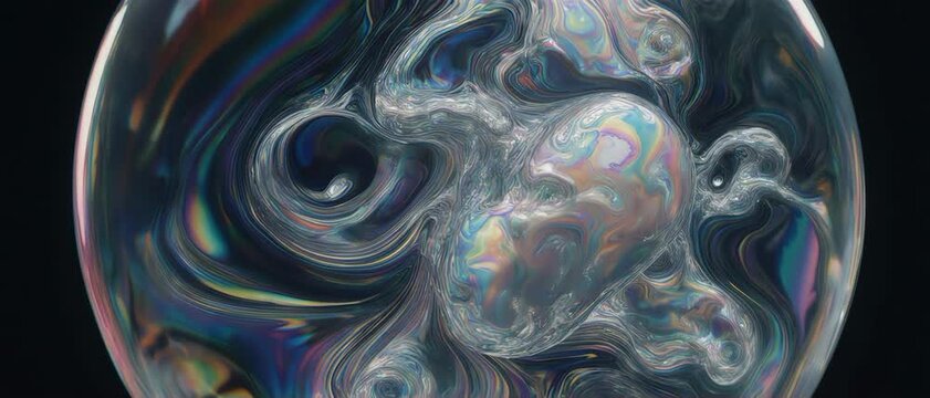 Ethereal pearlescent fluid and soap bubble textures forming a complex abstract microorganism