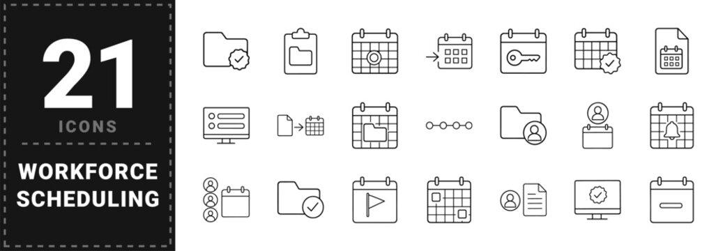 Human resources line icon set. Vector pictograms of absence planning, approval workflow, calendar management, and workforce scheduling elements, thin linear illustration.