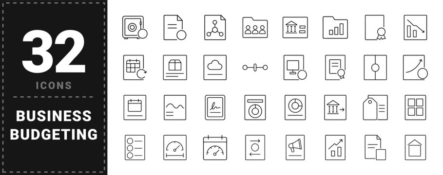 Business finance line icon set. Vector pictograms of budgeting, forecasting, reporting, and planning elements, thin linear illustration.