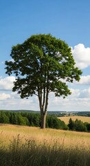 Obraz premium Majestic Solitary Tree in Golden Wheat Field Under Blue Sky.