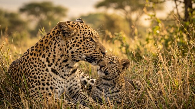 Leopard mother and cub affectionately nuzzle in african savannah grassland