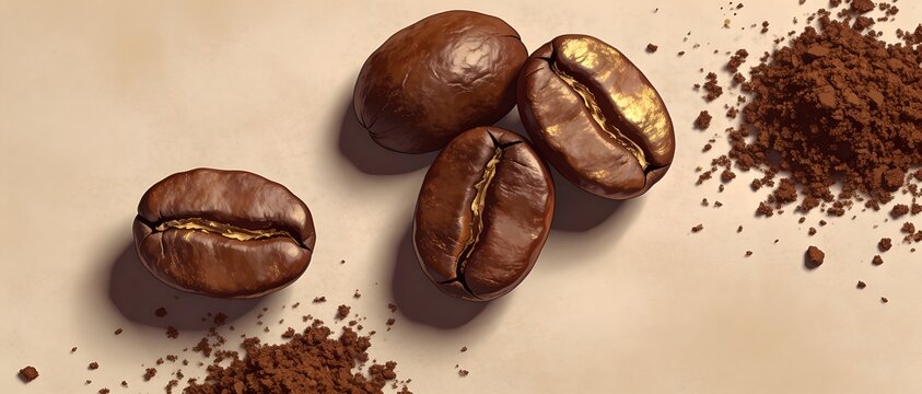 Rich, roasted coffee beans and ground coffee scattered on a light surface