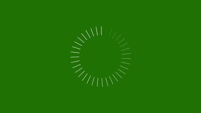 Animated circular loading spinner with rotating radial lines on green screen background.