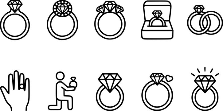 Diamond Ring and Wedding Proposal Icon Set featuring Engagement Rings Jewelry Box Marriage Proposing Gesture Luxury Gems and Anniversary Celebrations