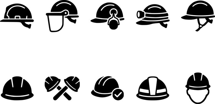 Safety Helmet and Hard Hat Icon Set featuring Construction Head Protection Engineering Caps Miner Helmet Face Shield and Industrial Worker Symbols