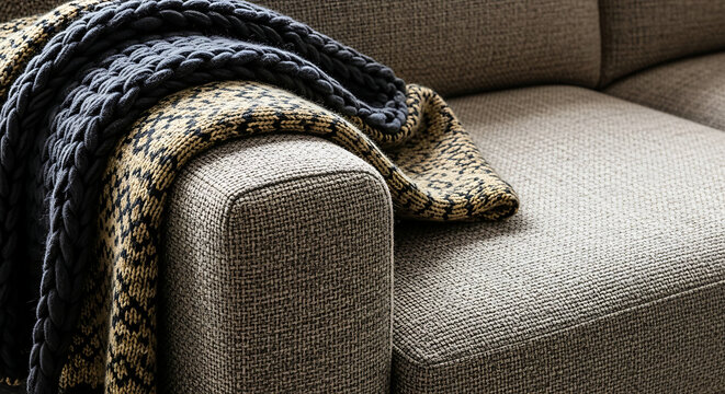 Close-up of cozy luxury fabric textures with a chunky knit blanket and patterned throw on a grey sofa