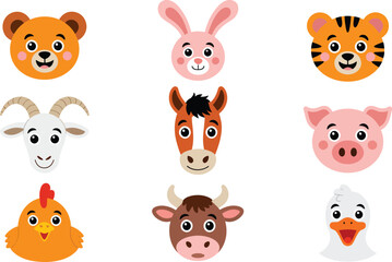 Fototapeta premium A 3x3 grid of cute cartoon animal faces featuring a bear rabbit tiger goat horse pig chicken