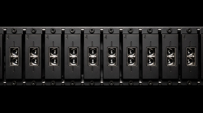 Data server blades aligned in a parallel arrangement display rugged black metallic frames integrated into a communication framework for high-performance cloud storage and network processing.