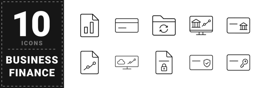 Business finance line icon set. Vector pictograms of reports, ledgers, documents, and dashboards elements, thin linear illustration.