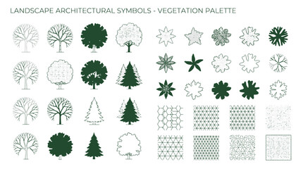 CAD  Drawing Landscape architectural symbols, green vegetation icons, tree and plant graphics, eco design elements isolated on White Background vector eps silhouette © LAIJU LAIJU