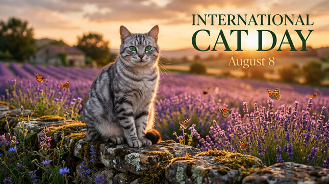 A serene tabby cat sitting on a mossy stone wall in a field of lavender flowers at sunset on international cat day