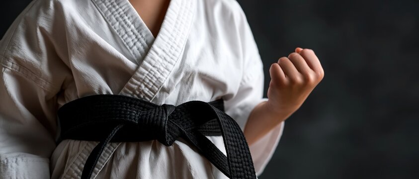 A young martial artist showcasing determination and focus in their karate uniform, embodying discipline and strength as they prepare to demonstrate their skills.